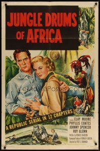 2c461 JUNGLE DRUMS OF AFRICA 1sh '52 Clayton Moore with gun & Phyllis Coates, entire serial!