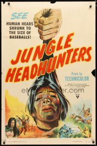 2c462 JUNGLE HEADHUNTERS style A 1sh '51 wild shrunken head image, voodoo documentary!