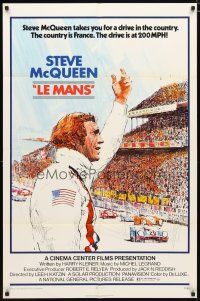 2c493 LE MANS 1sh '71 great Tom Jung artwork of race car driver Steve McQueen waving at fans!