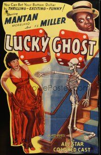 2c516 LUCKY GHOST 1sh R43 wacky art of Mantan Moreland with skeleton & screaming girl!
