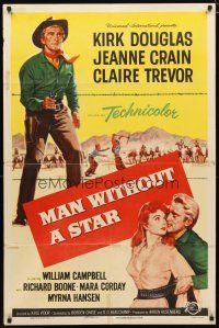 2c538 MAN WITHOUT A STAR 1sh '55 art of cowboy Kirk Douglas pointing gun, Jeanne Crain