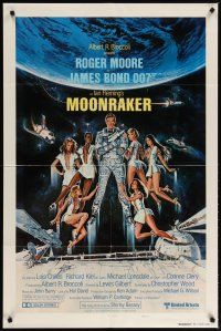 2c565 MOONRAKER style B int'l teaser 1sh '79 art of Moore as Bond & sexy space babes by Goozee!