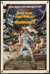 2c562 MOONRAKER 1sh '79 art of Roger Moore as James Bond & sexy Lois Chiles by Goozee!
