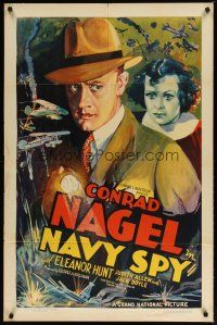 2c599 NAVY SPY 1sh '37 cool artwork of Conrad Nagel + woman & crashing aircraft!
