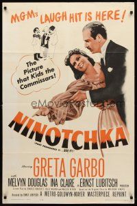 2c612 NINOTCHKA 1sh R62 Greta Garbo laughs with Melvyn Douglas, directed by Ernst Lubitsch!