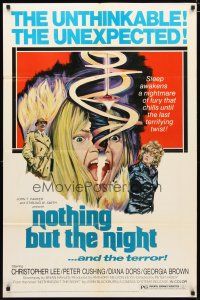 2c621 NOTHING BUT THE NIGHT 1sh '75 Christopher Lee, really wild artwork of girl's split head!