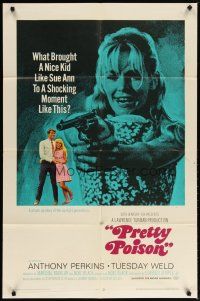 2c674 PRETTY POISON style B 1sh '68 psycho Anthony Perkins, close-up of crazy Tuesday Weld w/gun!