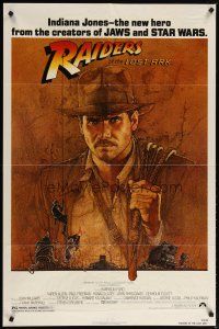 2c686 RAIDERS OF THE LOST ARK 1sh '81 great art of adventurer Harrison Ford by Richard Amsel!
