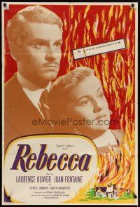 2c698 REBECCA 1sh R50s Alfred Hitchcock, art of Laurence Olivier & Joan Fontaine!