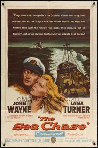 2c741 SEA CHASE 1sh '55 great seafaring artwork of John Wayne & Lana Turner + ship!