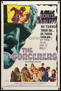 2c787 SORCERERS 1sh '67 Boris Karloff turns them on & off to live, love, die or KILL!