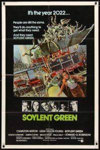 2c788 SOYLENT GREEN 1sh '73 art of Charlton Heston trying to escape riot control by John Solie!