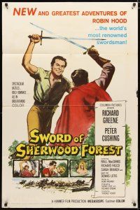 2c833 SWORD OF SHERWOOD FOREST 1sh '60 art of Richard Greene as Robin Hood fighting Peter Cushing!
