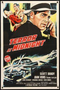 2c858 TERROR AT MIDNIGHT 1sh '56 Scott Brady, Joan Vohs, film noir, cool car crash art!