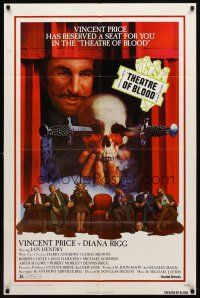 2c869 THEATRE OF BLOOD 1sh '73 great art of Vincent Price holding bloody skull w/dead audience!