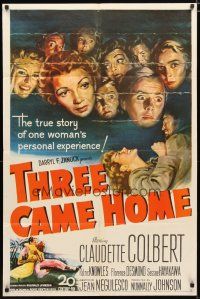 2c876 THREE CAME HOME 1sh '49 artwork of Claudette Colbert & prison women without their men!