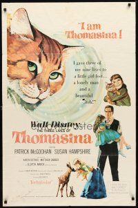 2c878 THREE LIVES OF THOMASINA 1sh '64 Walt Disney, great art of winking & smiling cat!