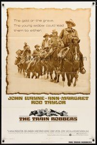 2c899 TRAIN ROBBERS style B 1sh '73 cowboy John Wayne & Ann-Margret on horseback!