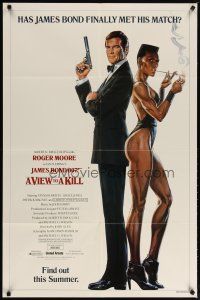 2c936 VIEW TO A KILL advance 1sh '85 art of Moore as Bond 007 & smoking Grace Jones by Goozee!