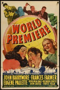2c987 WORLD PREMIERE style A 1sh '41 wacky John Barrymore & sexy Frances Farmer in front of globe!