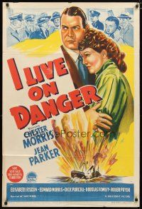 2d178 I LIVE ON DANGER Aust 1sh '42 artwork of Chester Morris & Jean Parker, exploding ship!