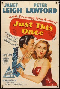 2d189 JUST THIS ONCE Aust 1sh '52 great art of Peter Lawford whispering to sexy Janet Leigh!
