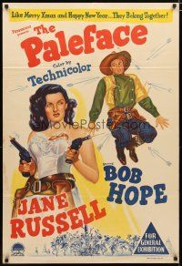 2d207 PALEFACE Aust 1sh '48 stone litho of Bob Hope & sexy Jane Russell with pistols!