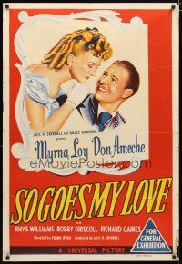 2d250 SO GOES MY LOVE Aust 1sh '46 wonderful romantic art of Myrna Loy & Don Ameche!