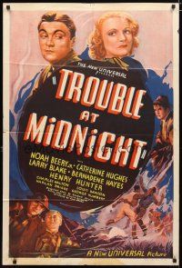 2d287 TROUBLE AT MIDNIGHT Aust 1sh '37 stone litho of Noah Beery Jr & pretty Catherine Hughes!