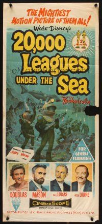 2d318 20,000 LEAGUES UNDER THE SEA Aust daybill '55 Jules Verne classic, art of deep sea divers!