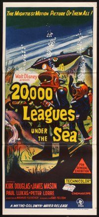 2d319 20,000 LEAGUES UNDER THE SEA Aust daybill R60s Jules Verne classic, art of deep sea divers!