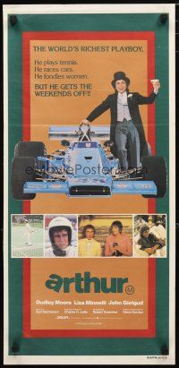 2d342 ARTHUR Aust daybill '81 different image of drunk Dudley Moore & Formula 1 race car!