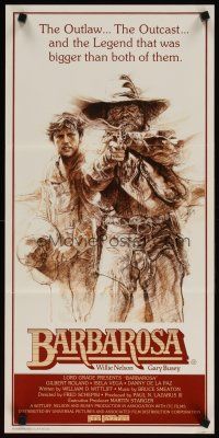 2d353 BARBAROSA Aust daybill '82 great art of Gary Busey & Willie Nelson with smoking gun!