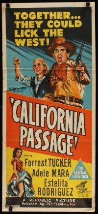 2d417 CALIFORNIA PASSAGE Aust daybill '50 artwork of cowboy Forrest Tucker & Adele Mara!