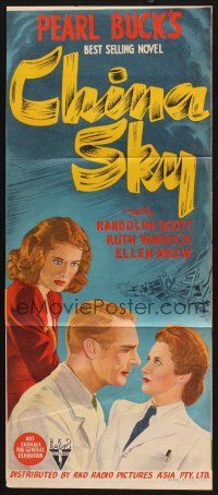 2d434 CHINA SKY Aust daybill '45 Randolph Scott, from Pearl S. Buck's best-selling novel!