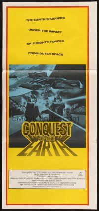 2d453 CONQUEST OF THE EARTH Aust daybill '80 great image of wacky aliens terrorizing Hollywood!