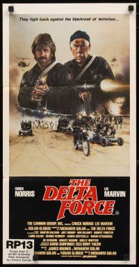 2d480 DELTA FORCE Aust daybill '86 cool art of Chuck Norris & Lee Marvin firing guns by S. Watts!