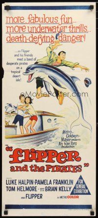 2d539 FLIPPER'S NEW ADVENTURE Aust daybill '64 Flipper and the Pirates, great dolphin stone litho!