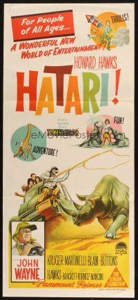 2d595 HATARI Aust daybill '62 Howard Hawks, stone litho artwork of John Wayne in Africa!