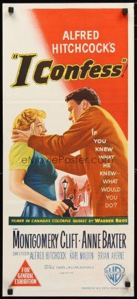 2d630 I CONFESS Aust daybill '53 Alfred Hitchcock, art of Montgomery Clift shaking Anne Baxter!