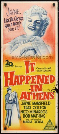 2d661 IT HAPPENED IN ATHENS Aust daybill '62 sexy Jayne Mansfield rivals Helen of Troy, Olympics!