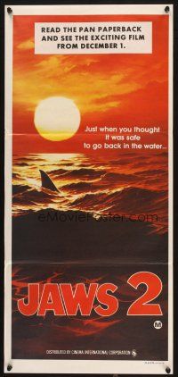 2d669 JAWS 2 teaser Aust daybill '78 classic art of man-eating shark's fin in red water at sunset!
