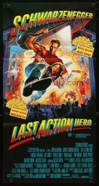 2d691 LAST ACTION HERO Aust daybill '93 cool artwork of Arnold Schwarzenegger by Morgan!