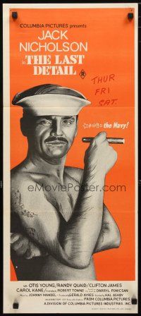 2d692 LAST DETAIL Aust daybill '73 Hal Ashby, c/u of foul-mouthed sailor Jack Nicholson with cigar!