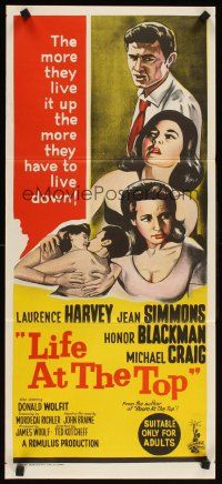 2d704 LIFE AT THE TOP Aust daybill '65 art of Laurence Harvey, sexy Jean Simmons & Honor Blackman!