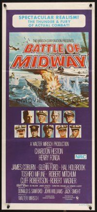 2d767 MIDWAY Aust daybill '76 Charlton Heston, Henry Fonda, dramatic naval battle art!