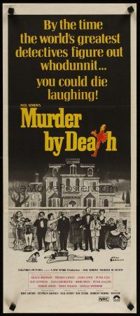 2d793 MURDER BY DEATH Aust daybill '76 great Addams art of cast by dead body & spooky house!