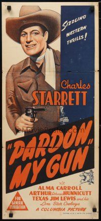 2d836 PARDON MY GUN Aust daybill '42 great stone litho of cowboy Charles Starrett with gun!
