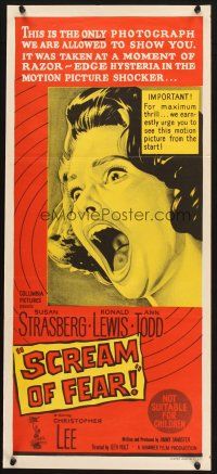 2d894 SCREAM OF FEAR Aust daybill '61 Hammer, wild terrified Susan Strasberg horror image!
