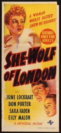 2d901 SHE-WOLF OF LONDON Aust daybill '46 June Lockhart was a woman whose hatred knew no bounds!